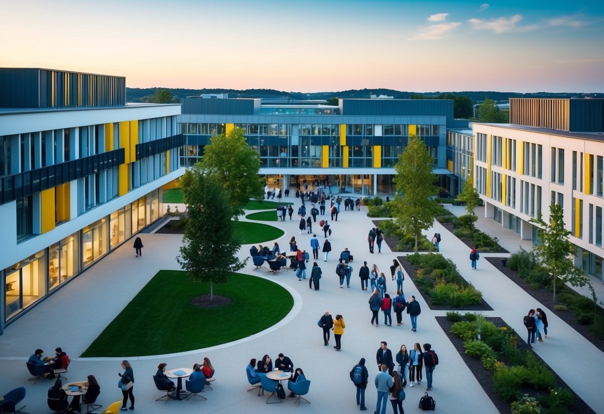 A bustling university campus in Luxembourg, with students from around the world studying and socializing in modern facilities