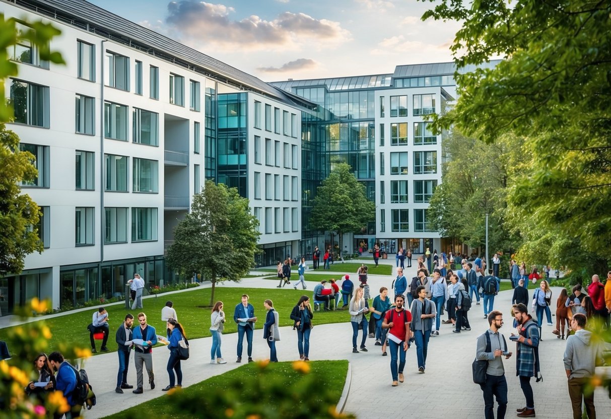 A bustling university campus in Luxembourg, with students from around the world studying and socializing in modern buildings surrounded by greenery