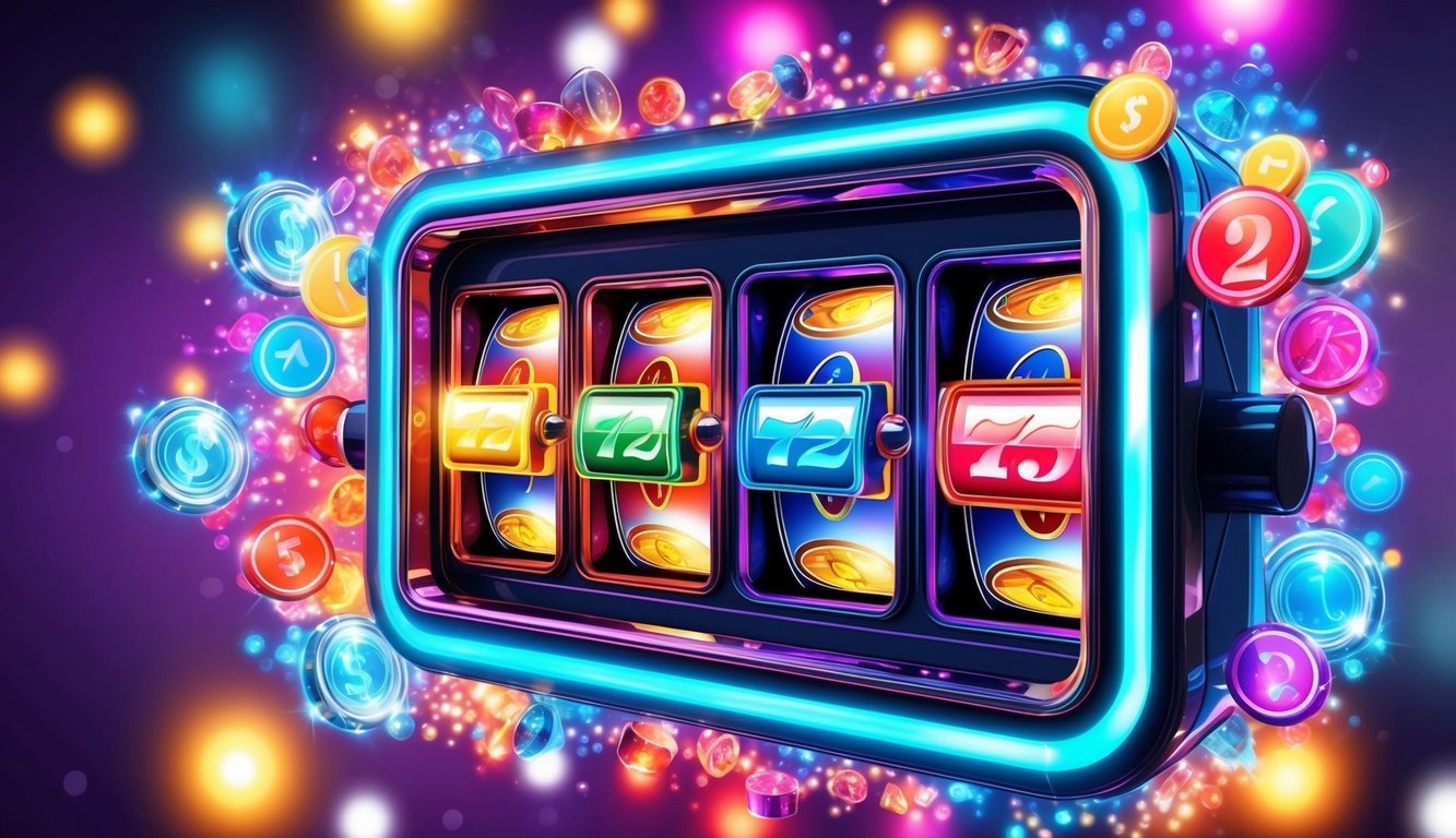 Sebuah mesin slot digital yang berwarna-warni dan hidup dikelilingi oleh cahaya dan simbol yang bersinar, dengan antarmuka yang ramping dan modern