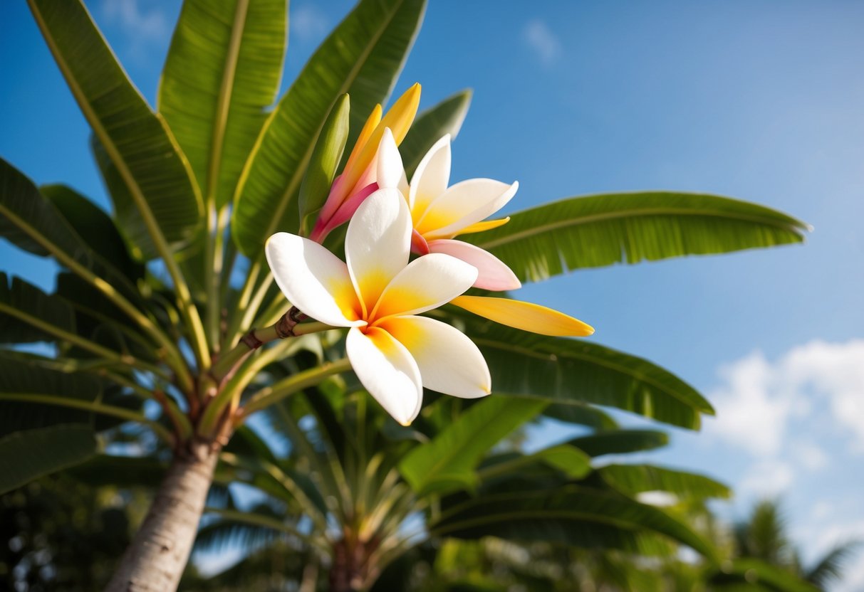 A frangipani tree in full bloom, with vibrant pink and yellow flowers against a backdrop of lush green leaves, under a clear blue sky