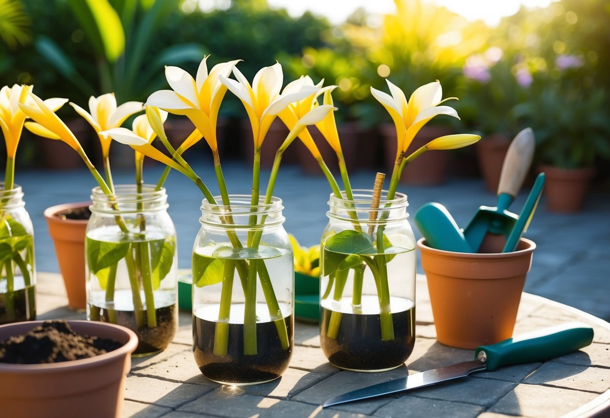 Frangipani cuttings in water-filled jars, surrounded by pots of soil and gardening tools on a sunny patio