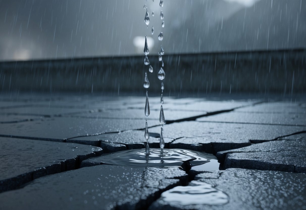 Water drips from a cracked concrete roof during a heavy rainstorm