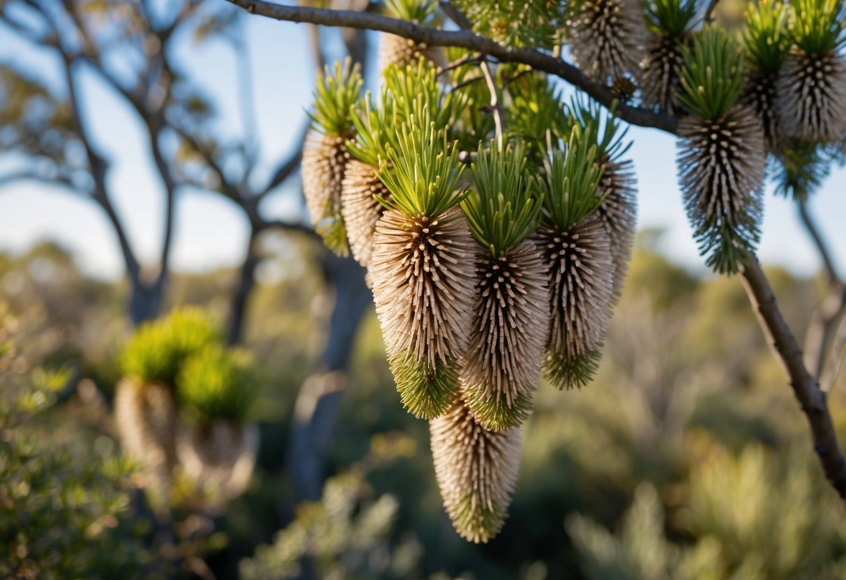 A banksia tree in bloom with its distinctive cone-shaped flower clusters, surrounded by native Australian flora and fauna