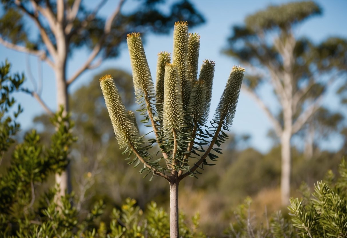 A banksia tree stands tall, with serrated leaves and cylindrical flower spikes, surrounded by native Australian flora