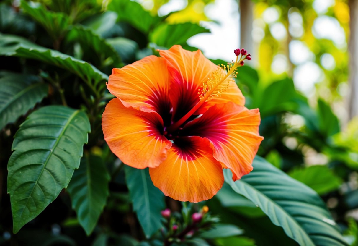 A vibrant hibiscus flower blooms against a backdrop of lush green leaves in a tropical garden