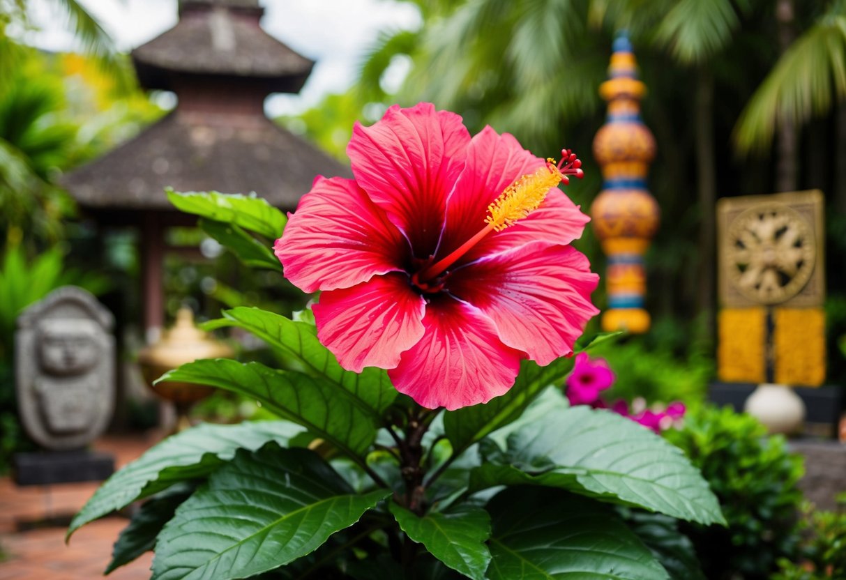 A vibrant hibiscus plant blooming in a lush tropical garden, surrounded by traditional cultural symbols and historical artifacts