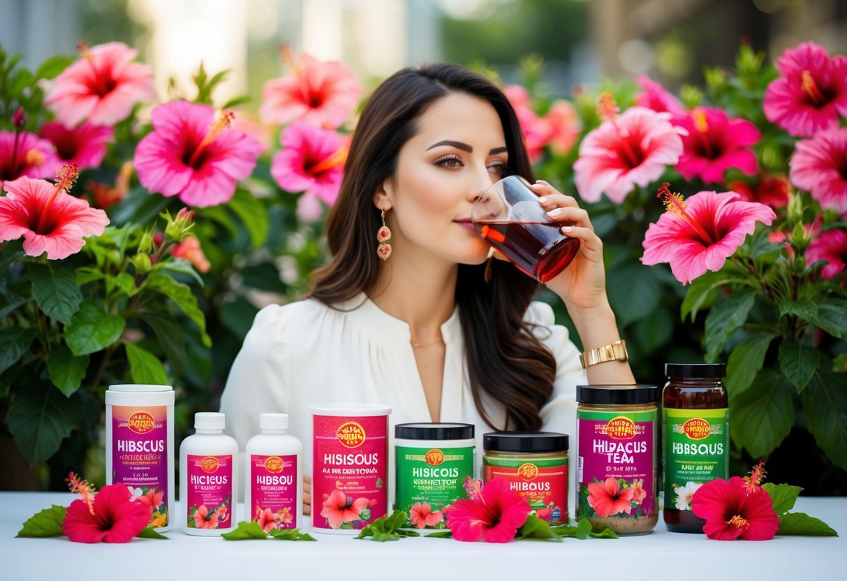 A woman drinks hibiscus tea while surrounded by blooming hibiscus flowers and a variety of hibiscus products on a table