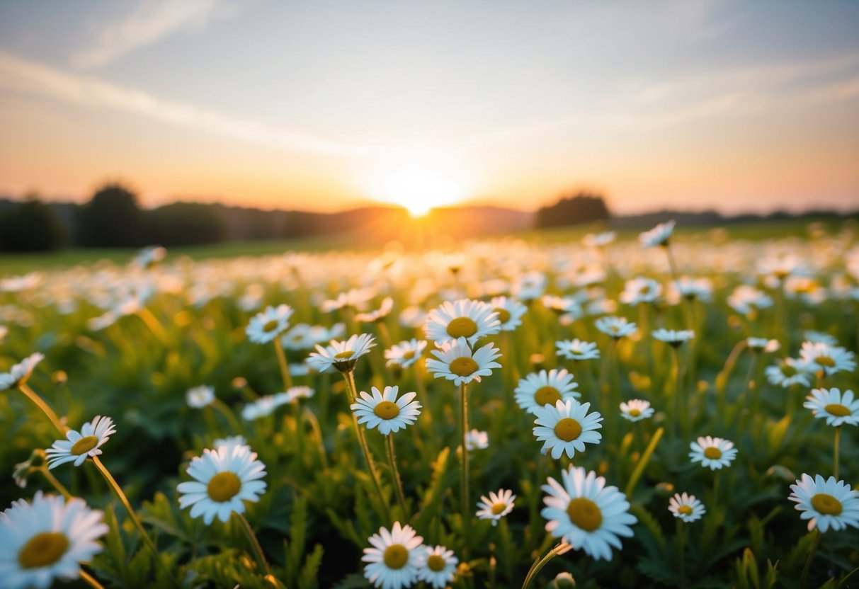 A field of daisies in full bloom, with the sun casting a warm glow over the serene landscape