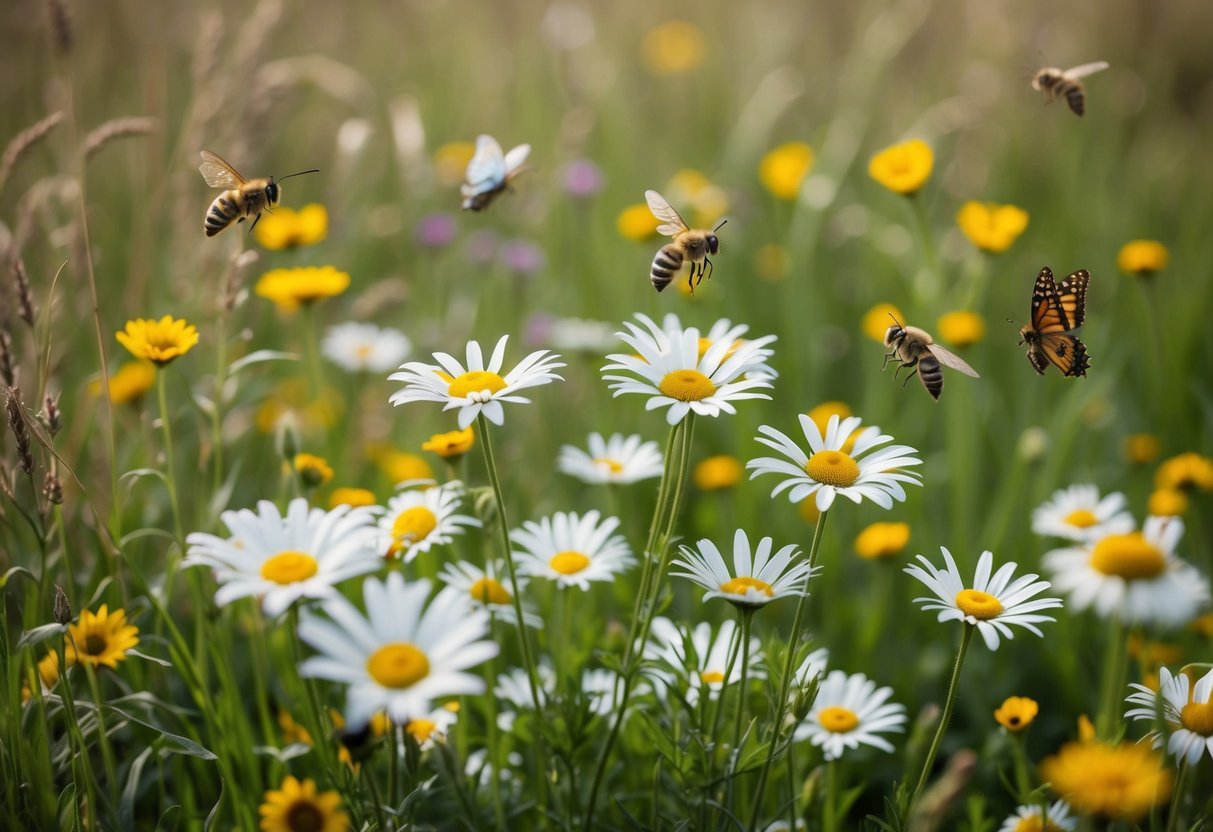 A field of daisies in a meadow, surrounded by tall grass and wildflowers, with butterflies and bees hovering around