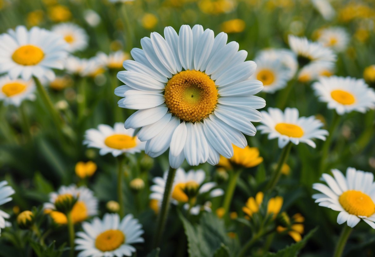 A daisy flower blooming in a field, surrounded by smaller daisies and green foliage