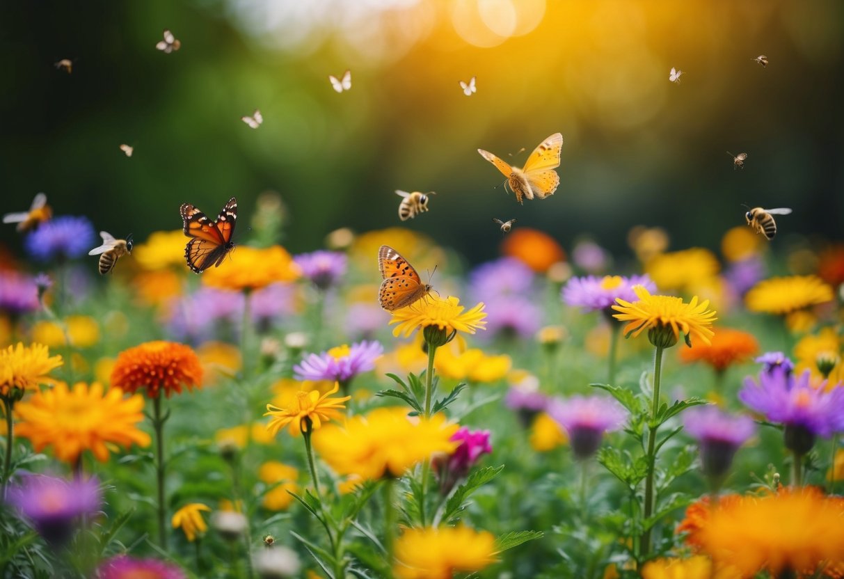 A field of colorful wildflowers in full bloom, with butterflies and bees fluttering around