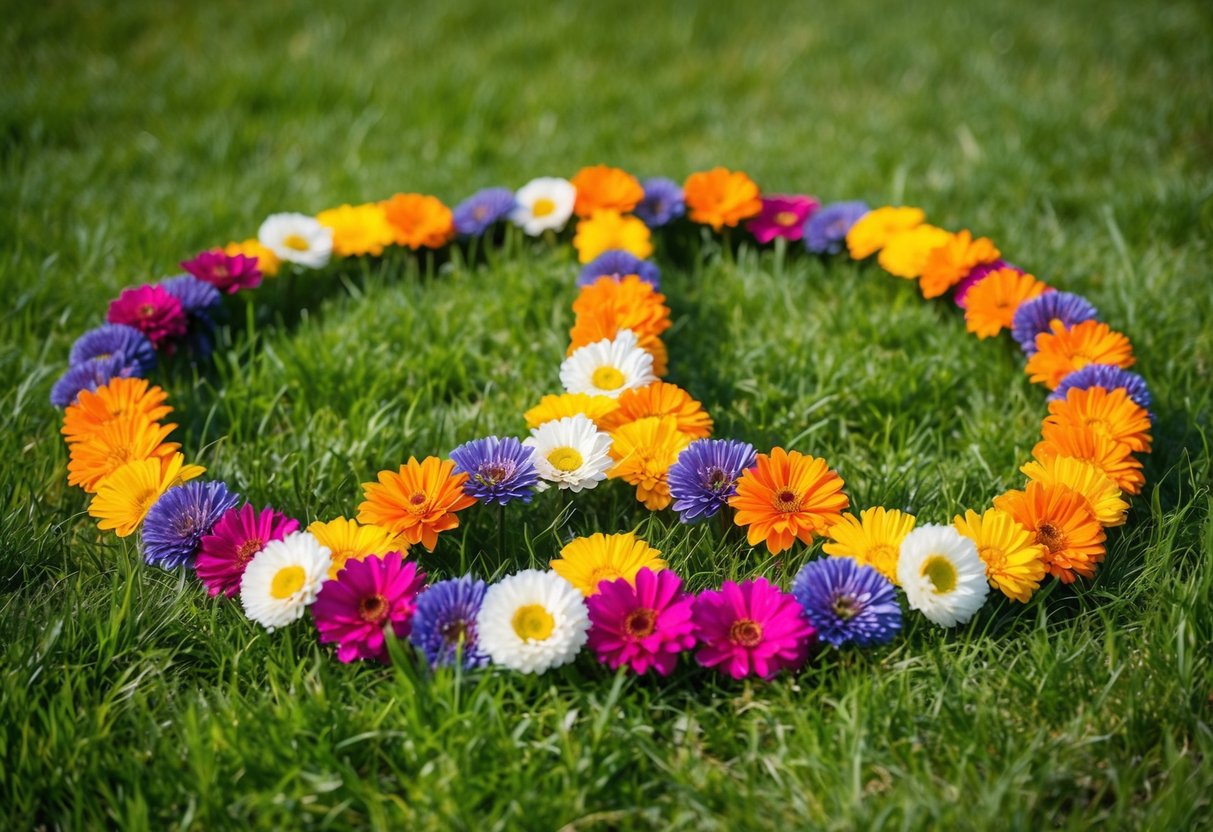 A group of colorful, blooming flowers arranged in a peace sign formation on a grassy field