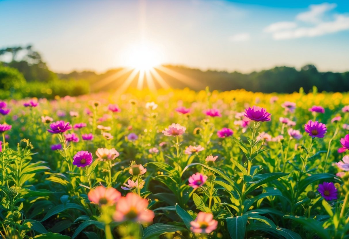 A field of vibrant flowers blooming under a bright sun, surrounded by lush greenery and a gentle breeze