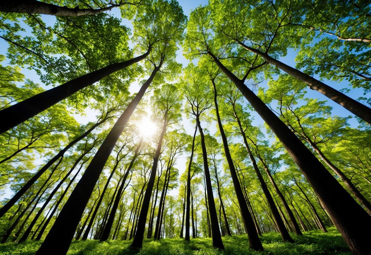 Tall trees sway in the wind, their branches reaching towards the sky. The sunlight filters through the leaves, creating dappled patterns on the forest floor