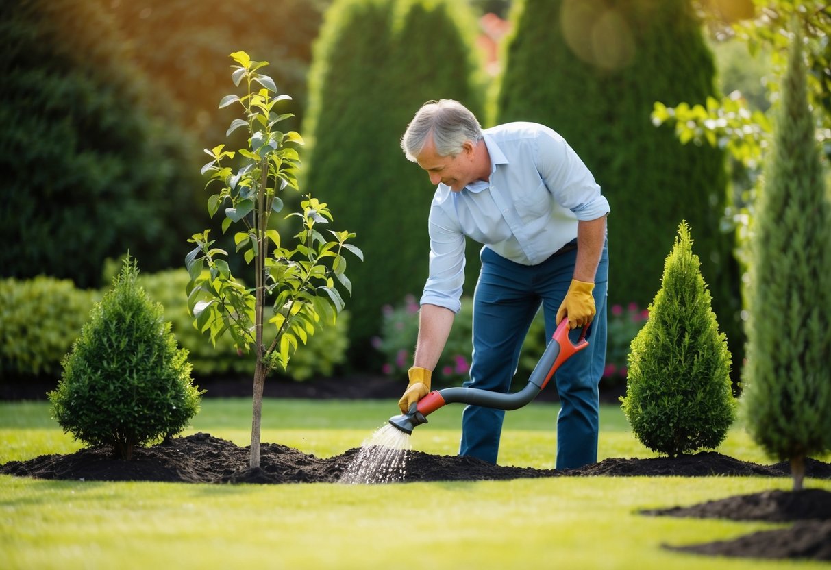 A person planting and watering a variety of trees in a lush garden