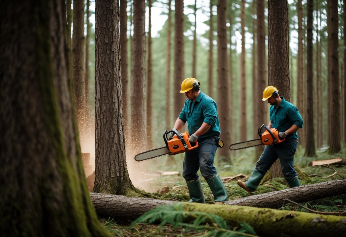 Trees being threatened by chainsaw-wielding loggers in a dense forest