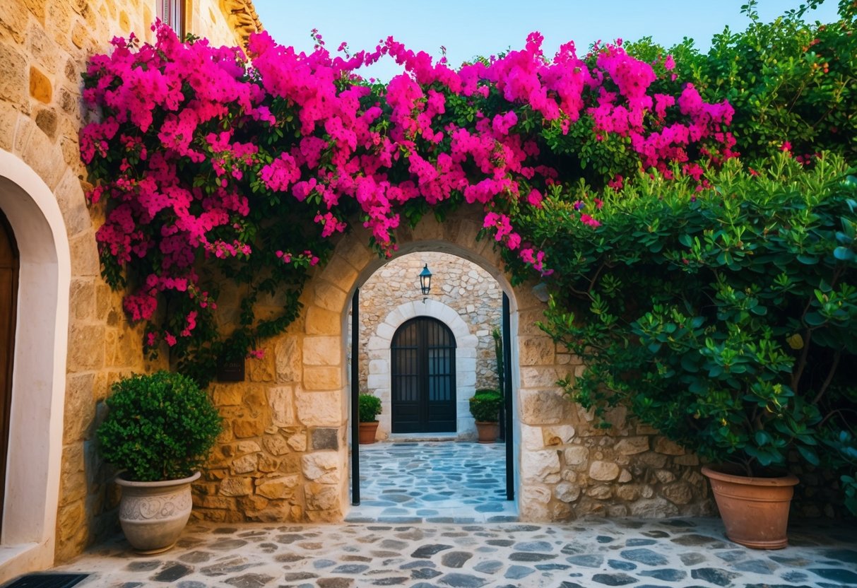 Vibrant bougainvillea cascades over a rustic stone wall, framing a quaint Mediterranean courtyard