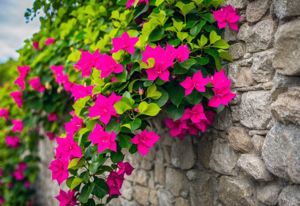 A vibrant bougainvillea vine cascades over a rustic stone wall, its magenta bracts contrasting against the lush green foliage