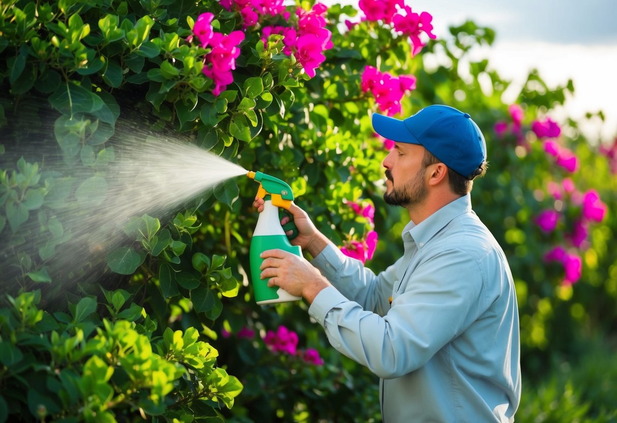 A gardener sprays bougainvillea with organic pest control while inspecting for signs of disease