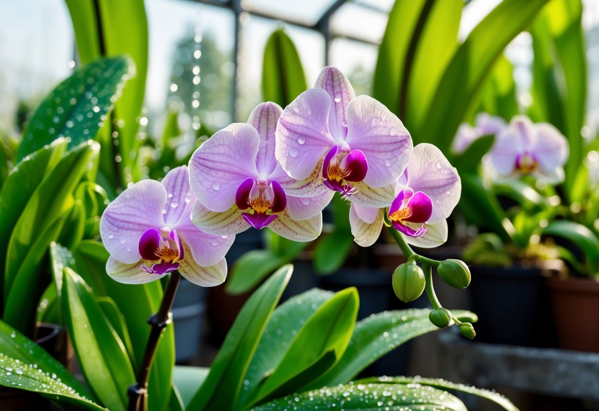 A delicate orchid blooms in a sunlit greenhouse, surrounded by lush green foliage and dappled with dewdrops