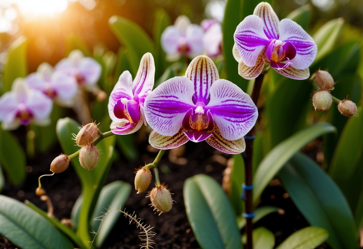 A healthy orchid surrounded by pests and diseases