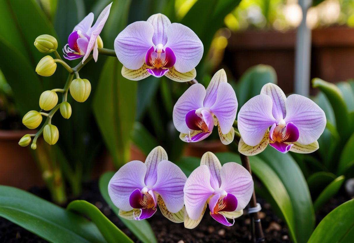 A vibrant orchid plant with multiple blooms and new buds emerging from the lush green foliage