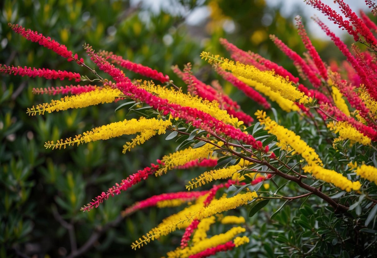 A vibrant grevillea bush in full bloom, with its long red and yellow flowers swaying in the breeze against a backdrop of green foliage