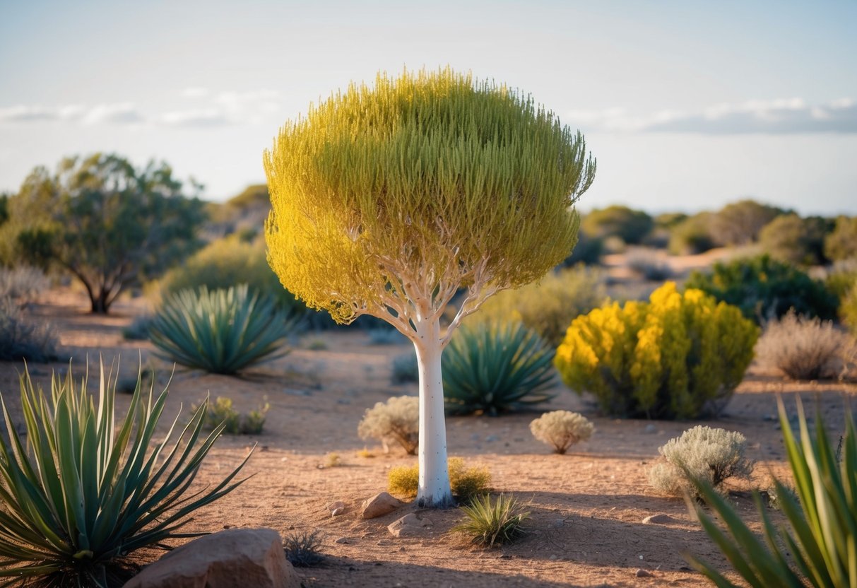 A colorful grevillea tree stands tall in a dry, rocky habitat, surrounded by other native Australian plants