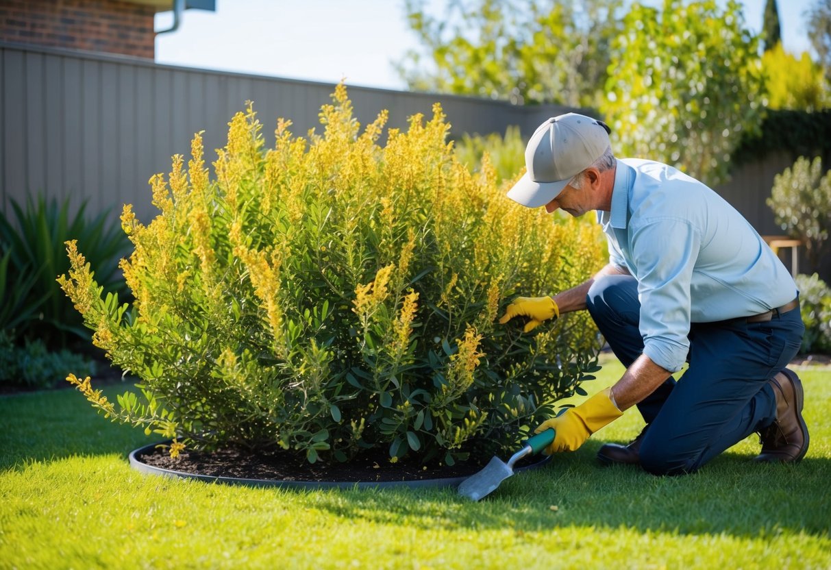 A gardener tending to a vibrant grevillea bush in a sunny backyard