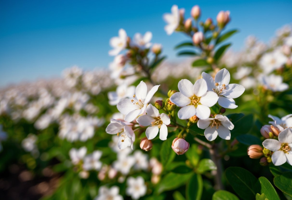 A field of blooming jasmine flowers under a clear blue sky