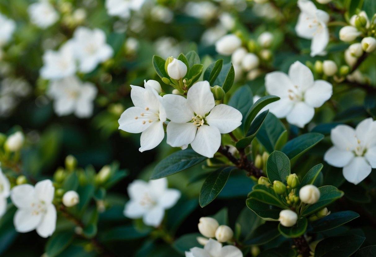 A garden filled with blooming jasmine bushes, their delicate white flowers emitting a sweet and intoxicating fragrance