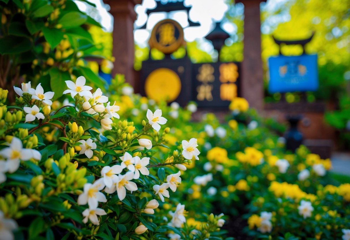 A vibrant garden filled with jasmine flowers in bloom, surrounded by cultural symbols and artifacts