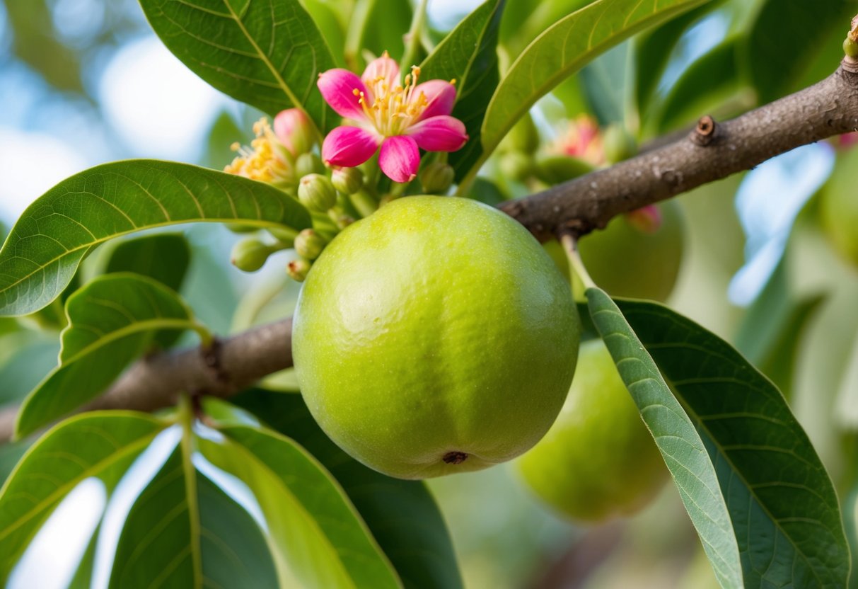 A ripe feijoa surrounded by leaves and flowers on a tree branch