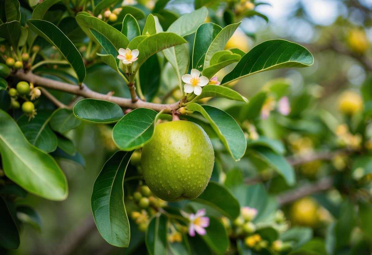 A feijoa tree with ripe fruit, surrounded by lush foliage and flowers, evoking a sense of exotic origin and rich history