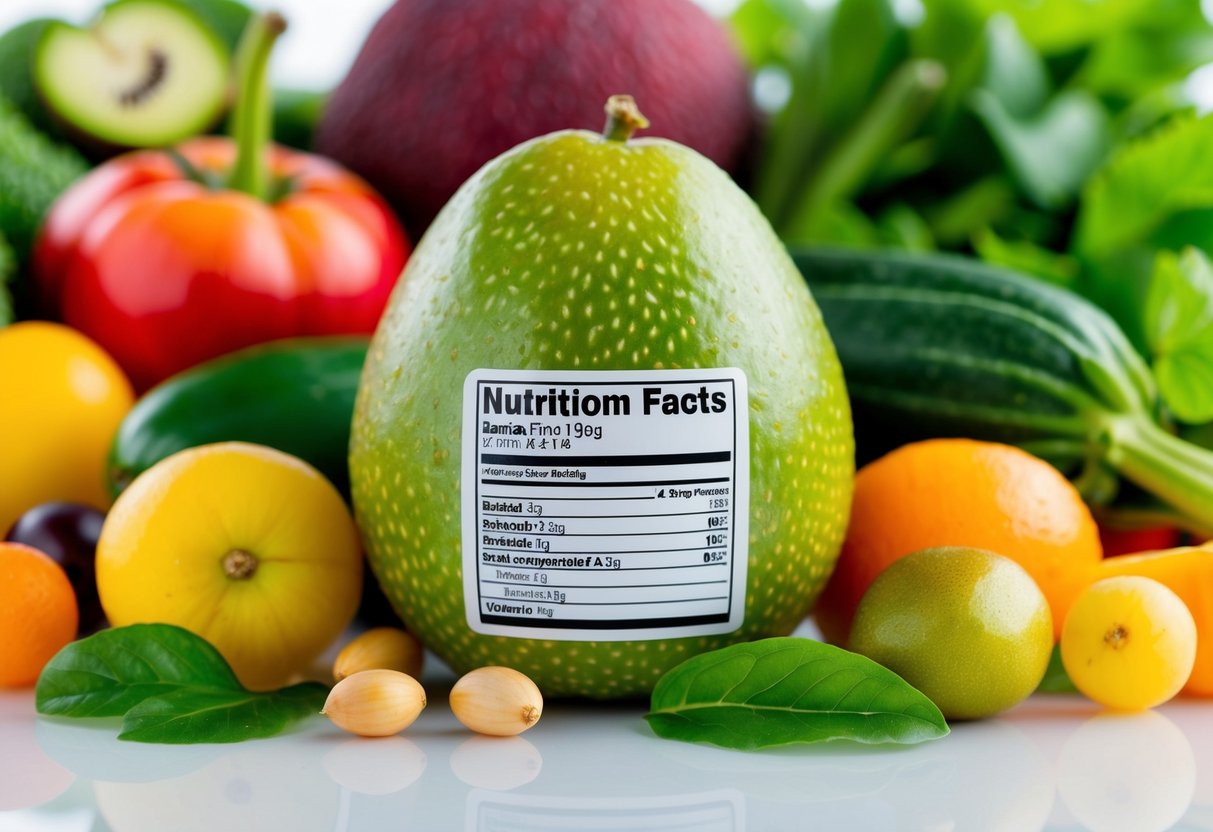 A feijoa fruit surrounded by a variety of fresh fruits and vegetables, with a nutritional information label displayed prominently