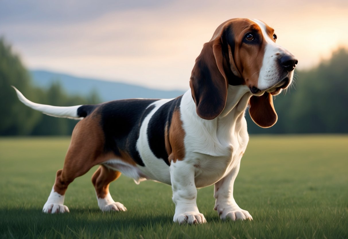 A basset hound dog standing with droopy ears and a long body, looking off into the distance with a curious expression