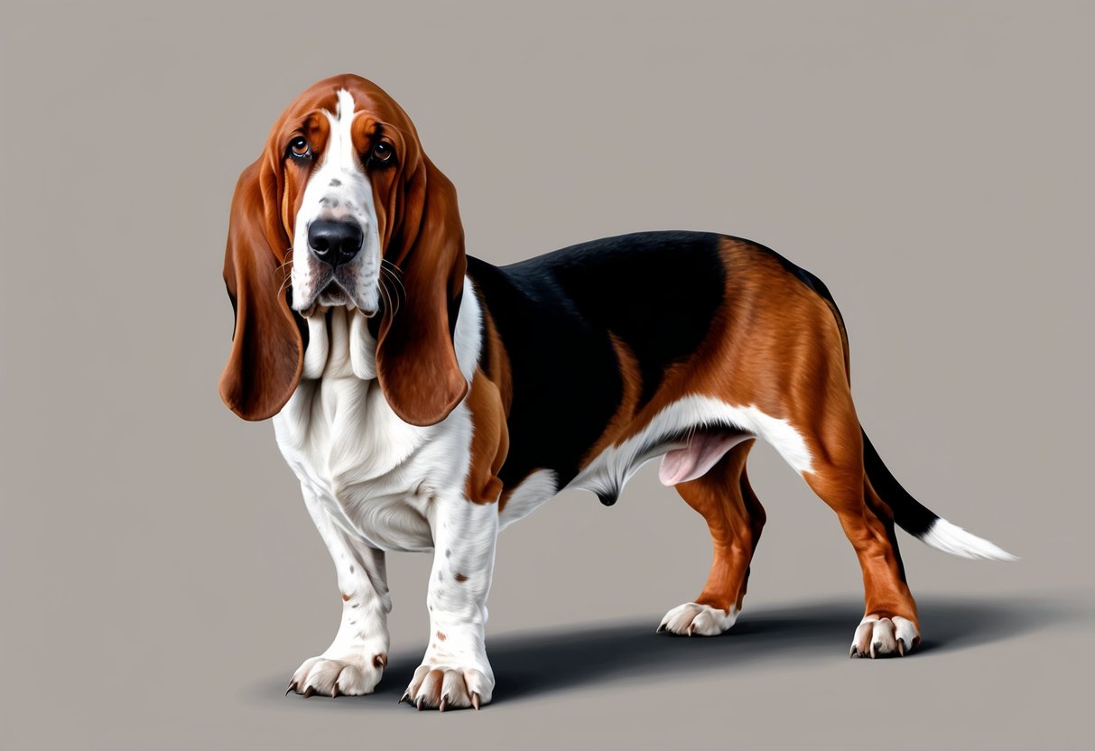 A Basset Hound stands with long, drooping ears and short legs, a wrinkled face, and a long body, with a calm and friendly expression