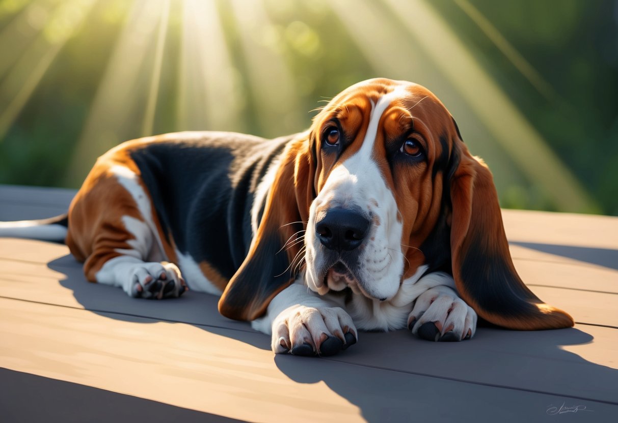 A Basset Hound dog lying lazily in a sunbeam, with droopy eyes and long ears, exuding a calm and gentle demeanor