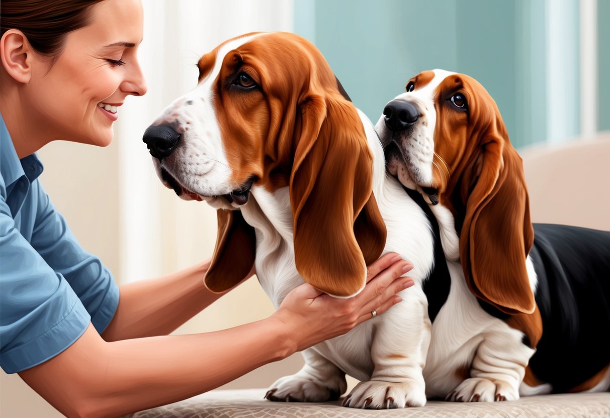 A basset hound dog receiving gentle care and affection from its owner