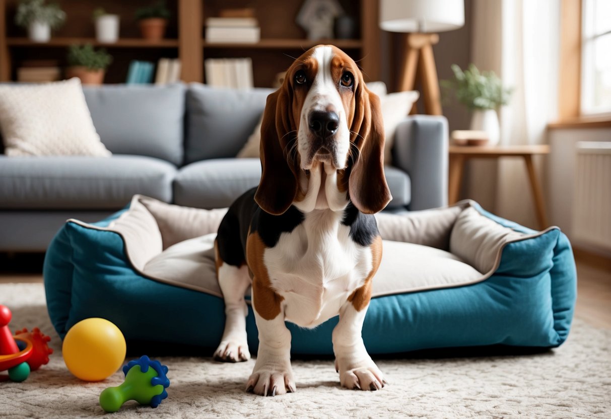 A Basset Hound dog proudly stands in a cozy living room, surrounded by toys and a comfortable dog bed