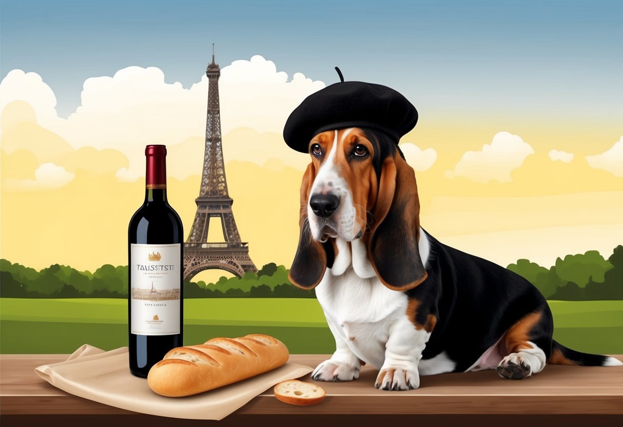 A Basset Hound wearing a beret sits next to a baguette and a bottle of wine, with the Eiffel Tower in the background