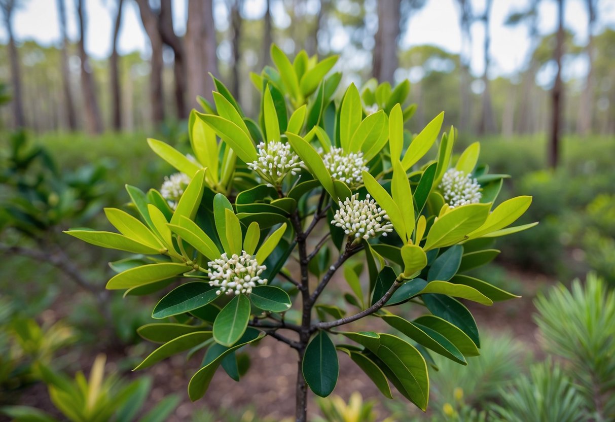 A lemon myrtle tree with vibrant green leaves and small white flowers, surrounded by a forest of other native Australian plants