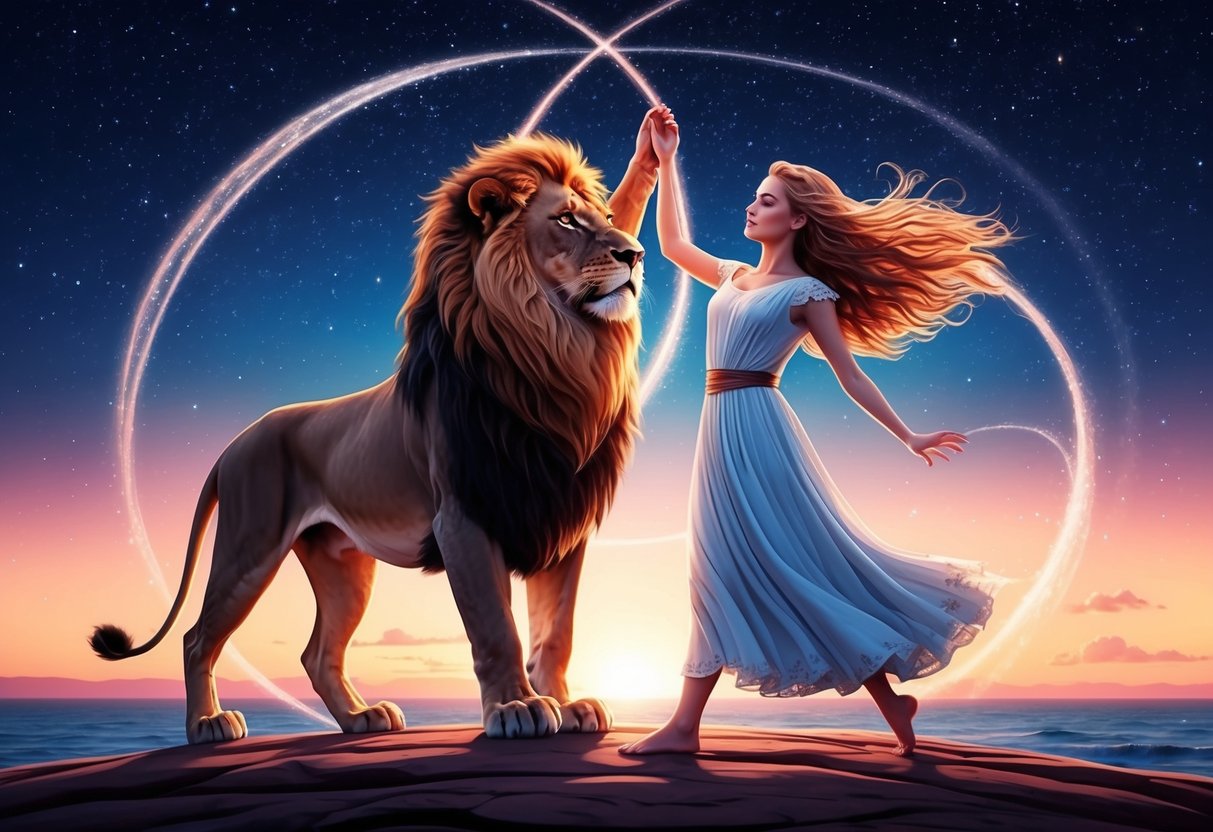 A lion and a maiden stand together under a starry sky, their energies intertwining in a harmonious dance of balance and confidence