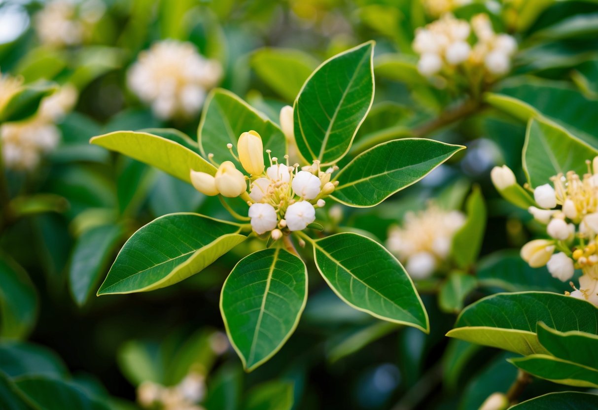 Lemon myrtle leaves and flowers surrounded by vibrant green foliage