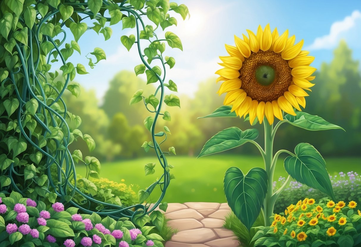 A serene garden with a lush, blooming vine intertwining with a strong, vibrant sunflower, symbolizing the harmonious and complementary relationship between Virgo and Leo