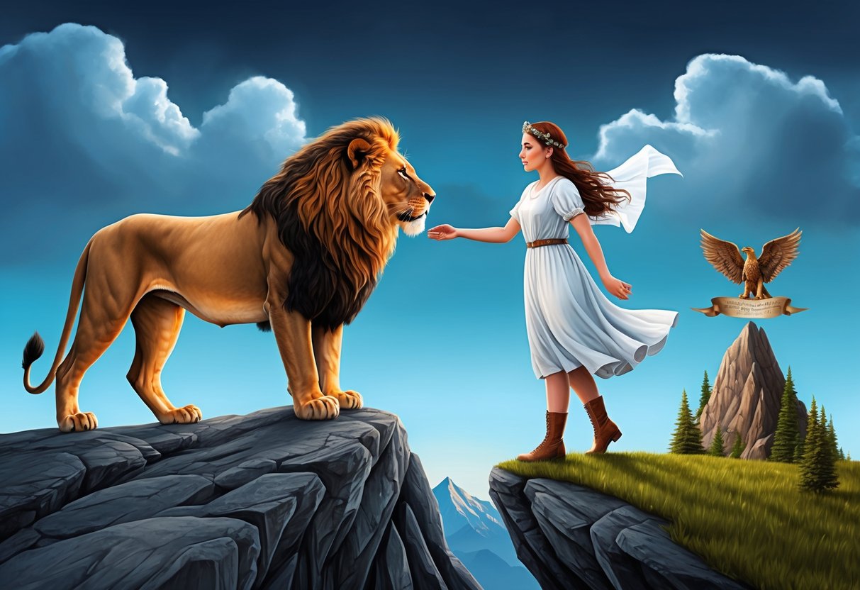 A lion and a maiden stand atop a mountain, facing each other with determination, symbolizing the challenges they have overcome to achieve harmony in their relationship