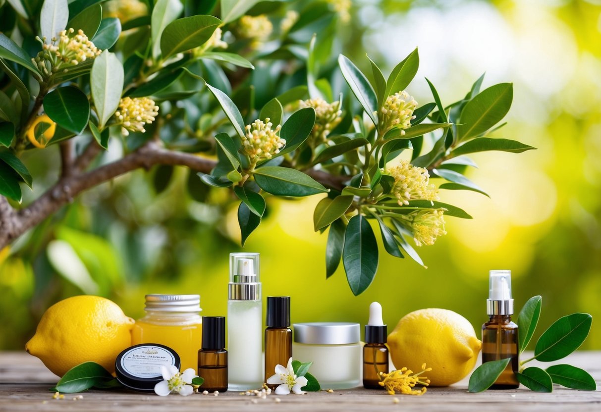 A lemon myrtle tree surrounded by various cosmetic and aromatic products made from its leaves and flowers