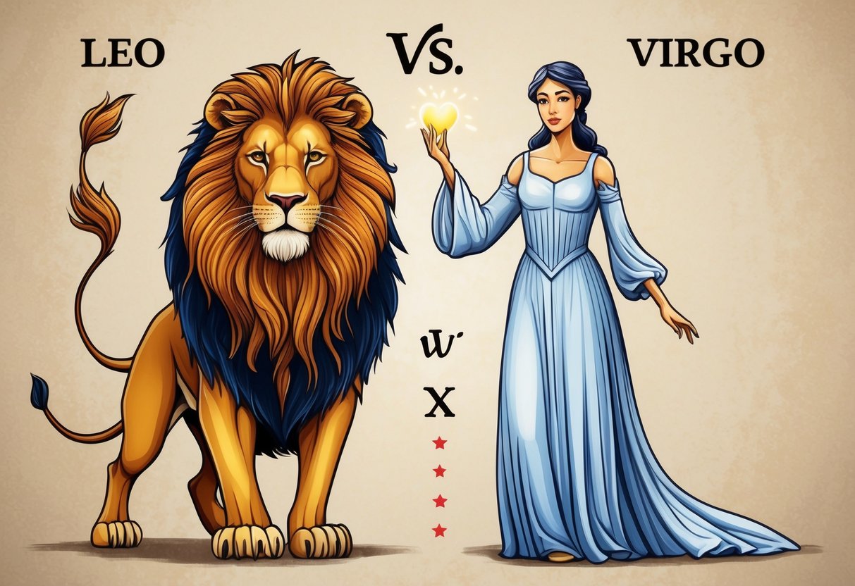 A lion and a maiden stand together, symbolizing the Leo-Virgo compatibility. The lion exudes confidence and power, while the maiden exudes grace and practicality