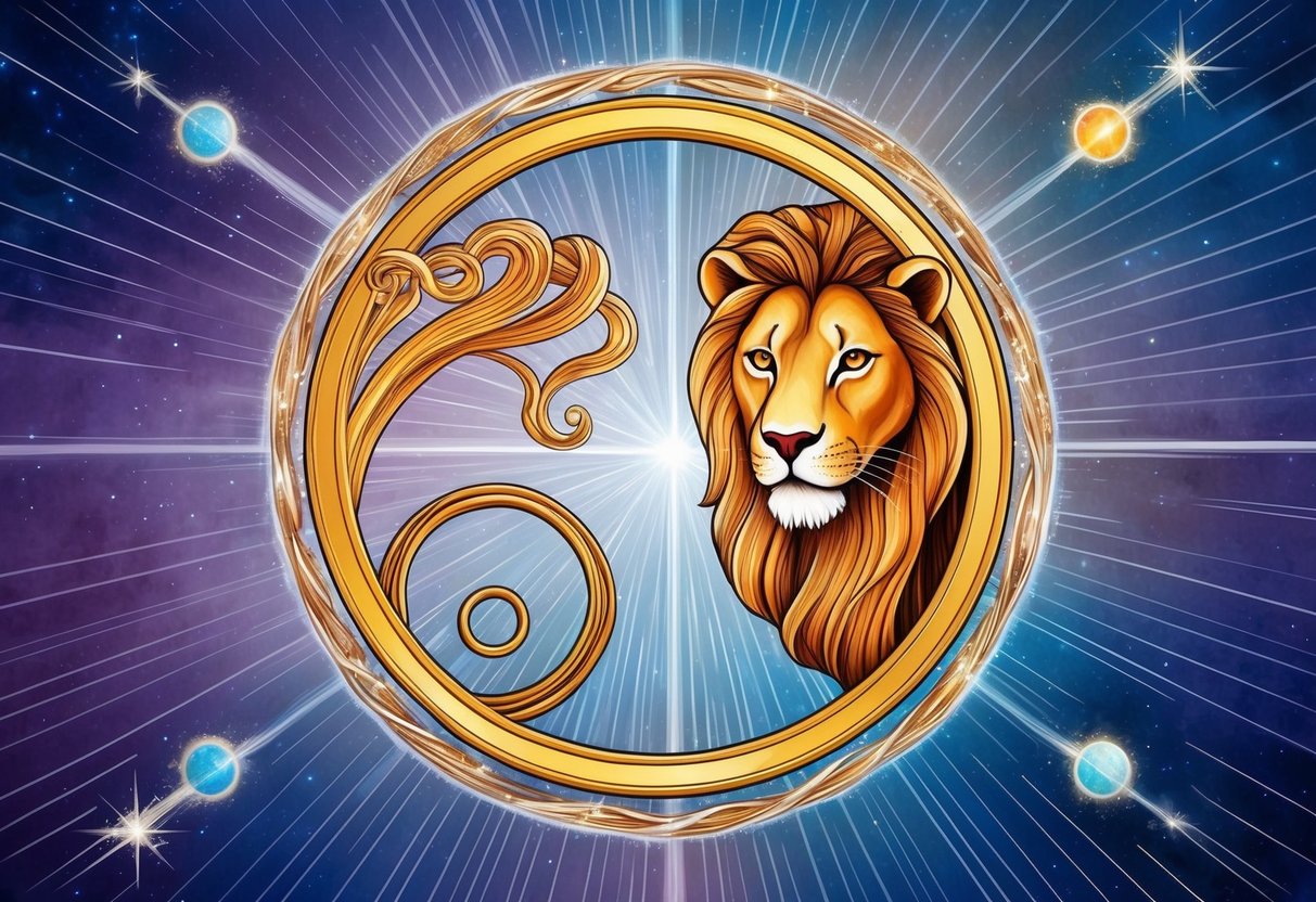 A Virgo and Leo symbol interwoven with celestial elements, radiating harmony and balance