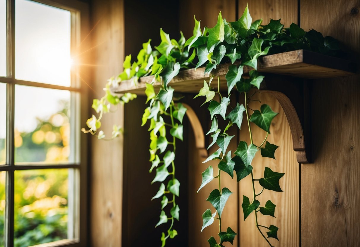 A lush, cascading devil's ivy plant drapes over a rustic wooden shelf, basking in the warm sunlight streaming through a nearby window